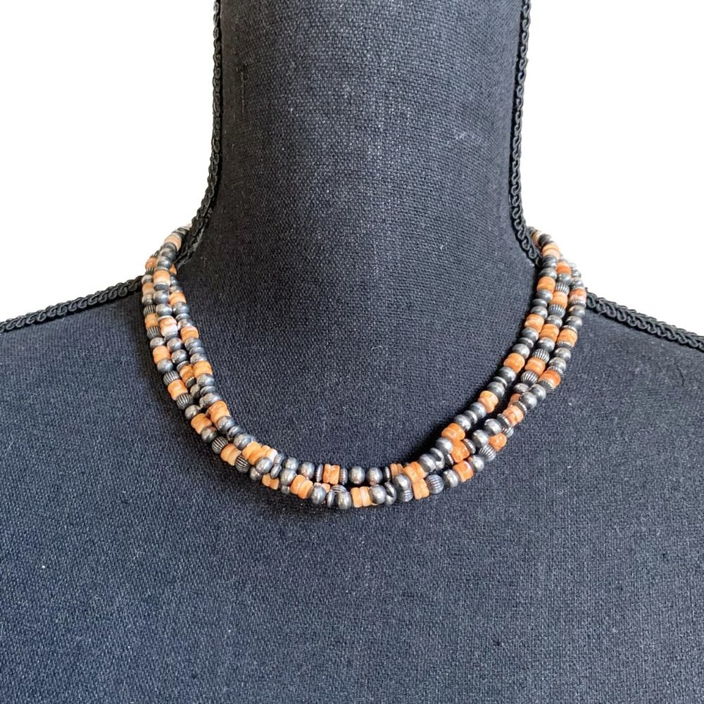 Orange Spiny 18" 5mm Triple Strand Necklace Navajo Handmade Geneva Apachito